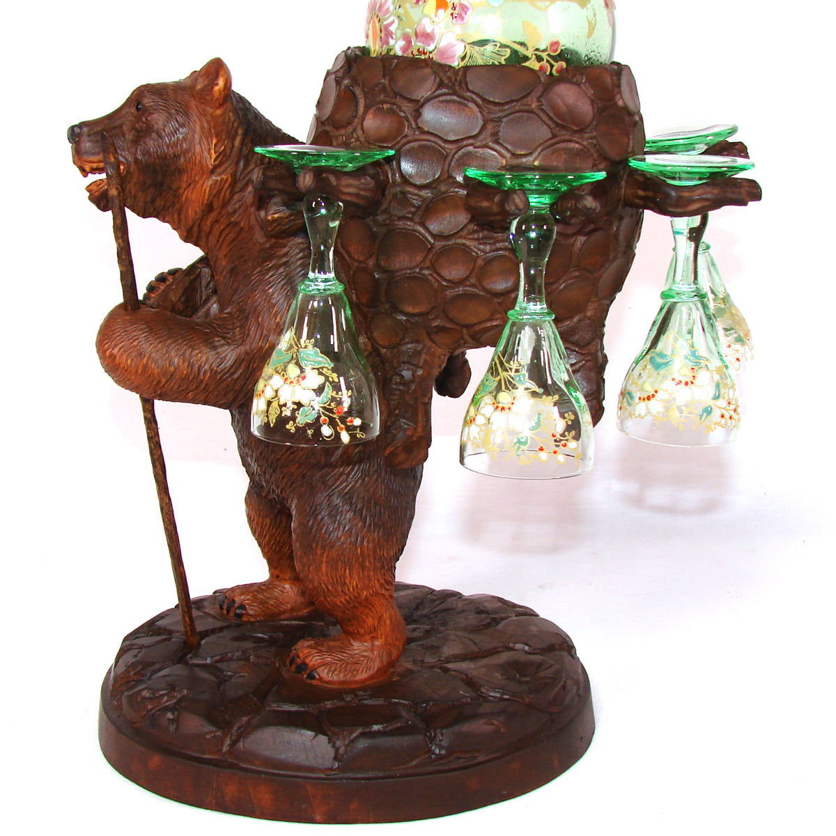 Antique Black Forest BRIENZ Bear Liqueur Tantalus, Enameled Green Decanter & Six Cordial Cups