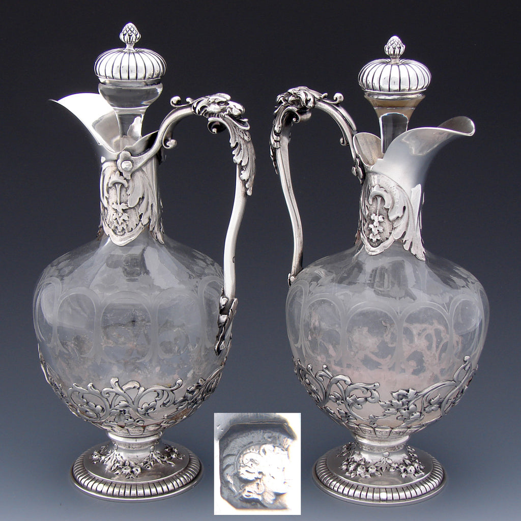 Antique French Sterling Silver & Intaglio Engraved Glass Claret Jug PAIR, Mascaron Lion Handles