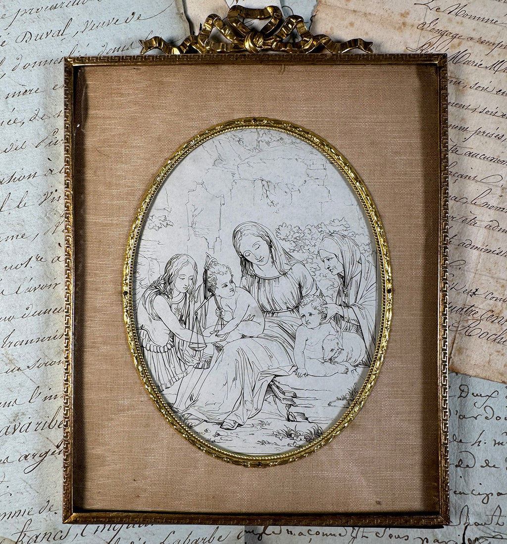 Antique French Bow Top Frame with Artist's Intaglio Print from a Book, Religious View Mary, Jesus, John the Baptist, Lamb