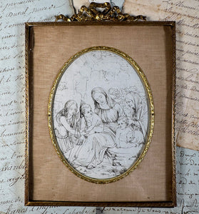 Antique French Bow Top Frame with Artist's Intaglio Print from a Book, Religious View Mary, Jesus, John the Baptist, Lamb