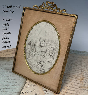 Antique French Bow Top Frame with Artist's Intaglio Print from a Book, Religious View Mary, Jesus, John the Baptist, Lamb