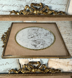 Antique French Bow Top Frame with Artist's Intaglio Print from a Book, Religious View Mary, Jesus, John the Baptist, Lamb