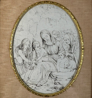 Antique French Bow Top Frame with Artist's Intaglio Print from a Book, Religious View Mary, Jesus, John the Baptist, Lamb