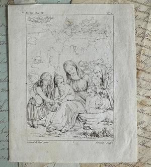 Antique French Bow Top Frame with Artist's Intaglio Print from a Book, Religious View Mary, Jesus, John the Baptist, Lamb