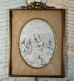 Antique French Bow Top Frame with Artist's Intaglio Print from a Book, Religious View Mary, Jesus, John the Baptist, Lamb