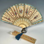 Antique Hand Painted French 22 cm Hand Fan, Sequins, Silk Tassel, Bone Monture and Original Box