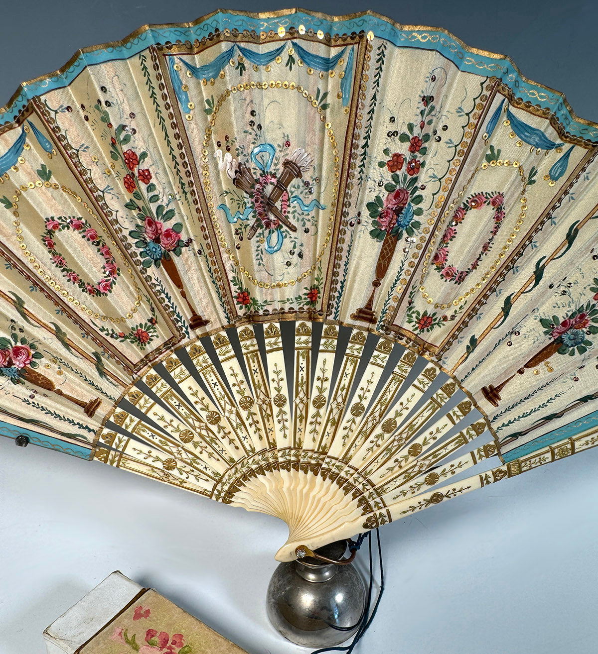 Antique Hand Painted French 22 cm Hand Fan, Sequins, Silk Tassel, Bone Monture and Original Box