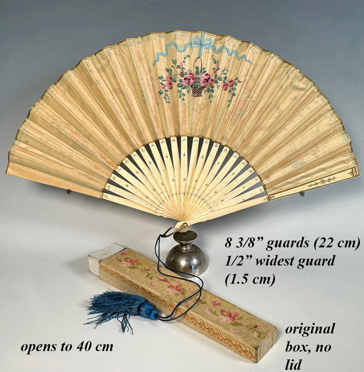 Antique Hand Painted French 22 cm Hand Fan, Sequins, Silk Tassel, Bone Monture and Original Box