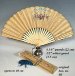 Antique Hand Painted French 22 cm Hand Fan, Sequins, Silk Tassel, Bone Monture and Original Box