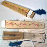 Antique Hand Painted French 22 cm Hand Fan, Sequins, Silk Tassel, Bone Monture and Original Box