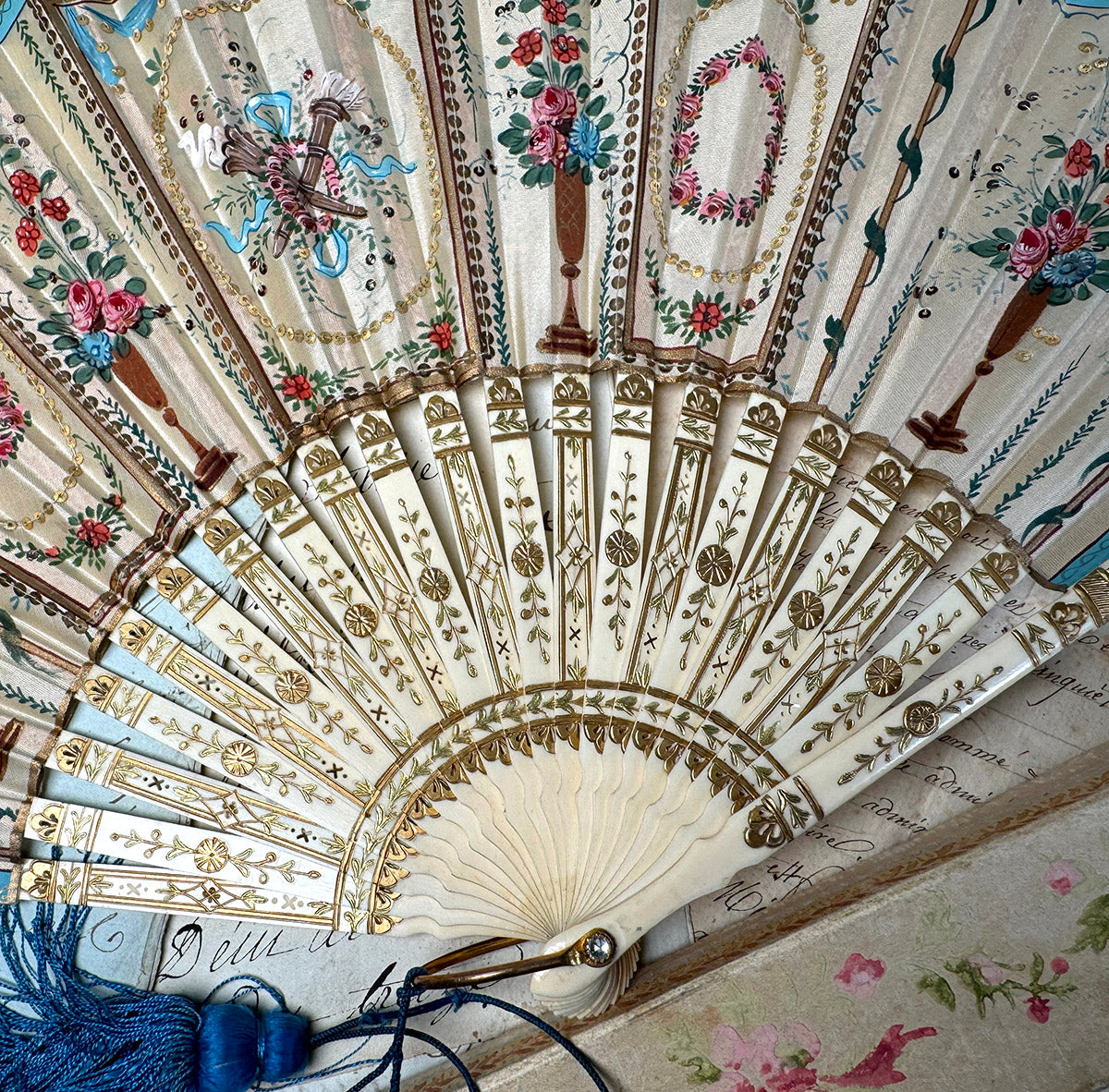 Antique Hand Painted French 22 cm Hand Fan, Sequins, Silk Tassel, Bone Monture and Original Box