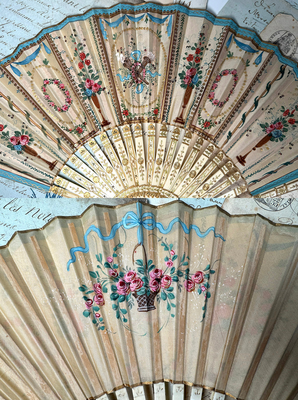 Antique Hand Painted French 22 cm Hand Fan, Sequins, Silk Tassel, Bone Monture and Original Box