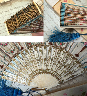 Antique Hand Painted French 22 cm Hand Fan, Sequins, Silk Tassel, Bone Monture and Original Box