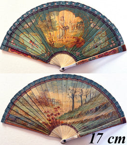 Antique French Vernis Martin Romantic Era Revival Hand Painted Bone Fan, 17 cm Guards c.1820-1830