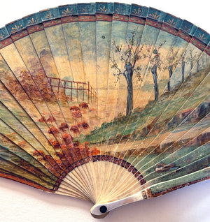 Antique French Vernis Martin Romantic Era Revival Hand Painted Bone Fan, 17 cm Guards c.1820-1830