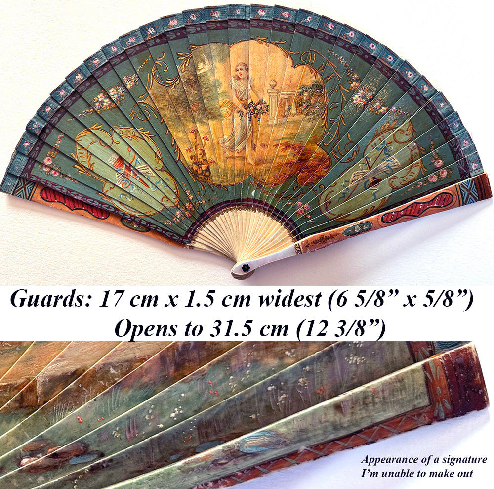 Antique French Vernis Martin Romantic Era Revival Hand Painted Bone Fan, 17 cm Guards c.1820-1830