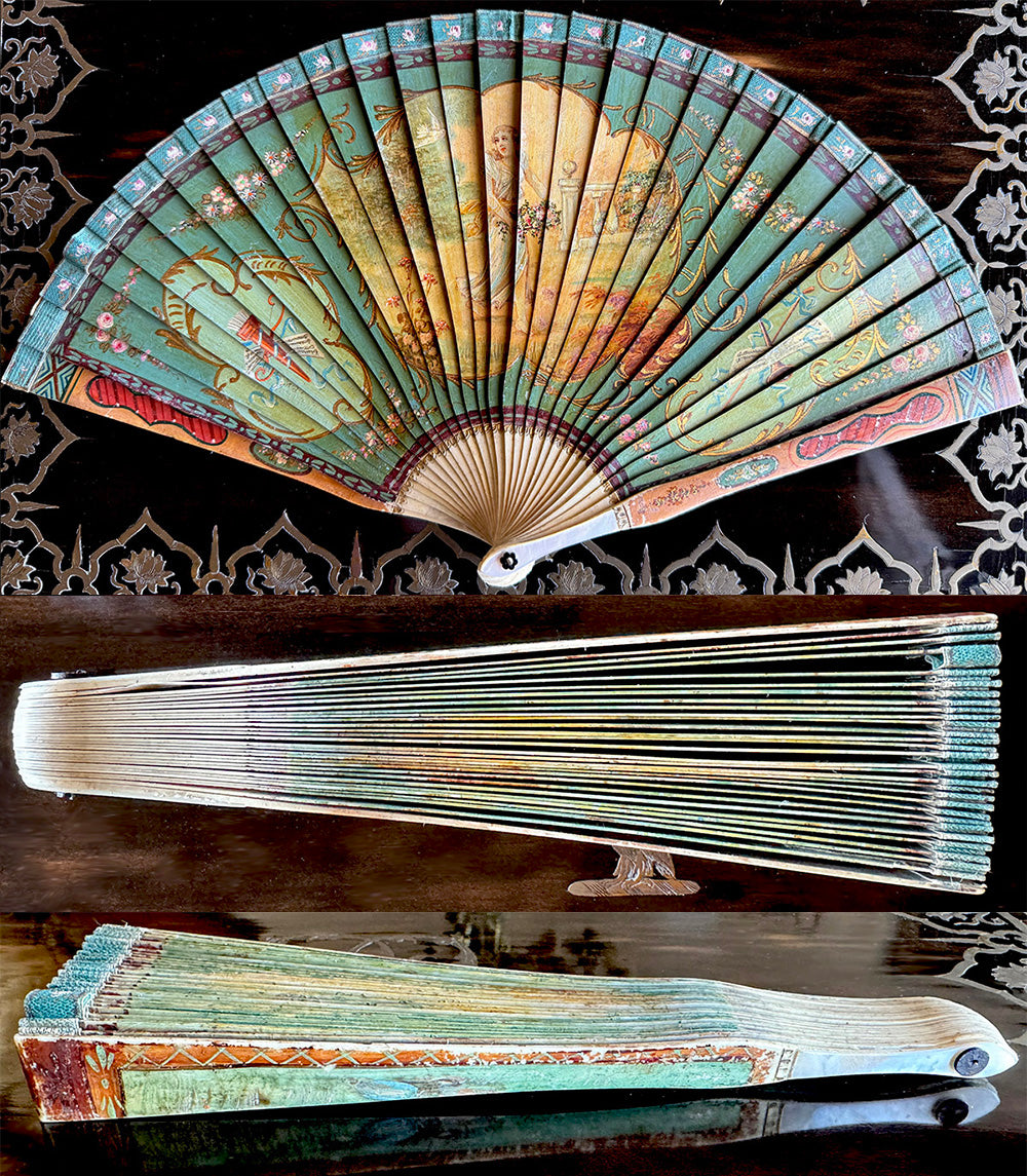 Antique French Vernis Martin Romantic Era Revival Hand Painted Bone Fan, 17 cm Guards c.1820-1830