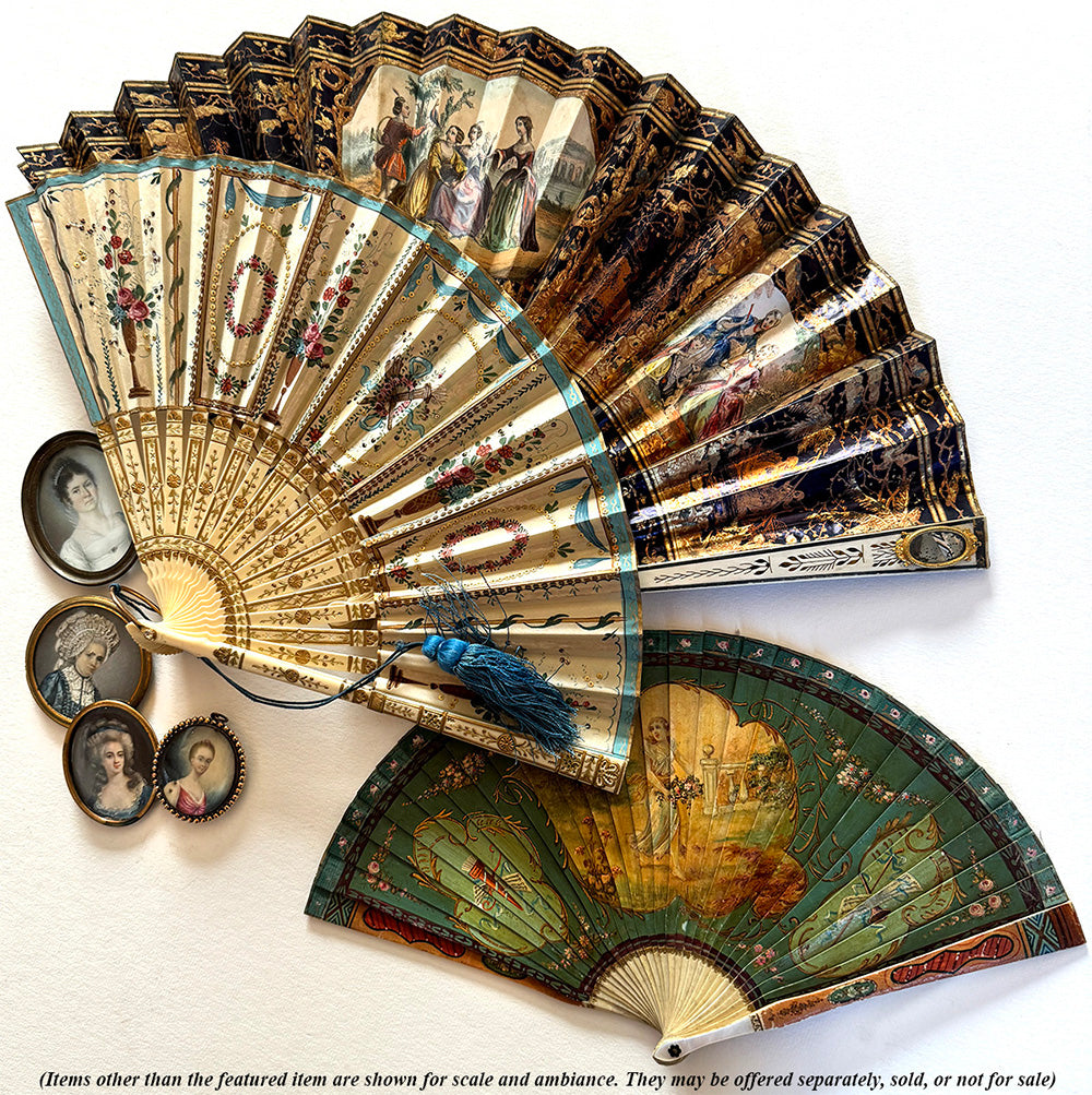 Antique French Vernis Martin Romantic Era Revival Hand Painted Bone Fan, 17 cm Guards c.1820-1830