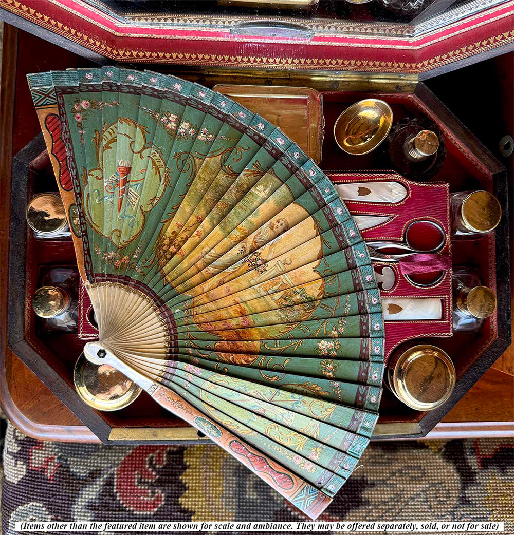 Antique French Vernis Martin Romantic Era Revival Hand Painted Bone Fan, 17 cm Guards c.1820-1830