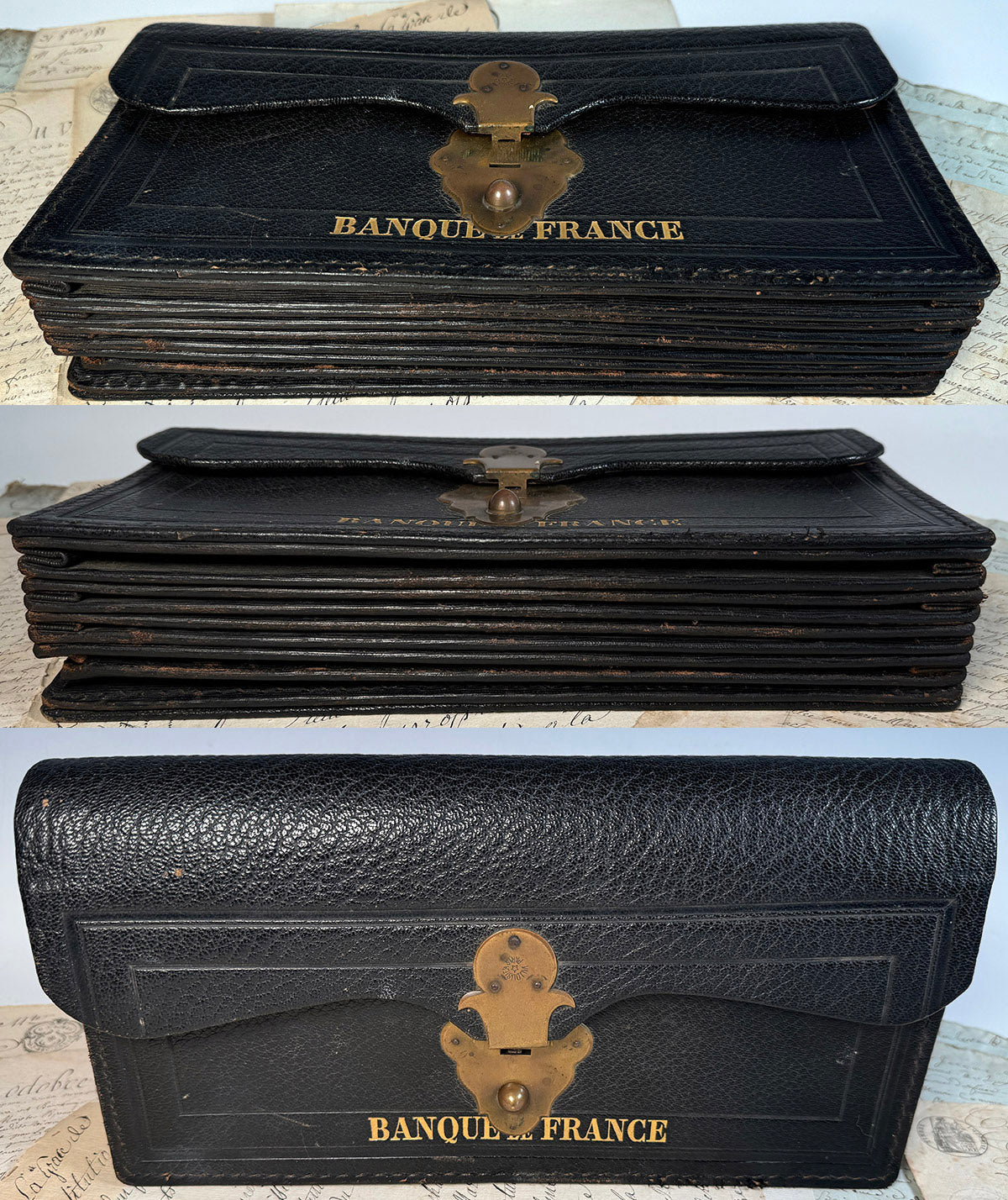 Fine Antique French Leather Bank Folio, Banque de France Accounting and Receipts Briefcase