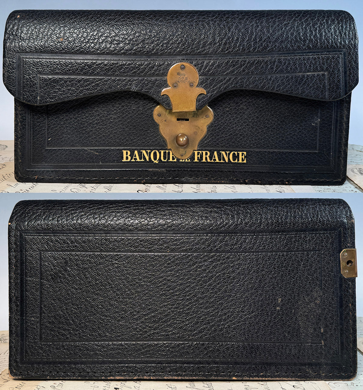 Fine Antique French Leather Bank Folio, Banque de France Accounting and Receipts Briefcase