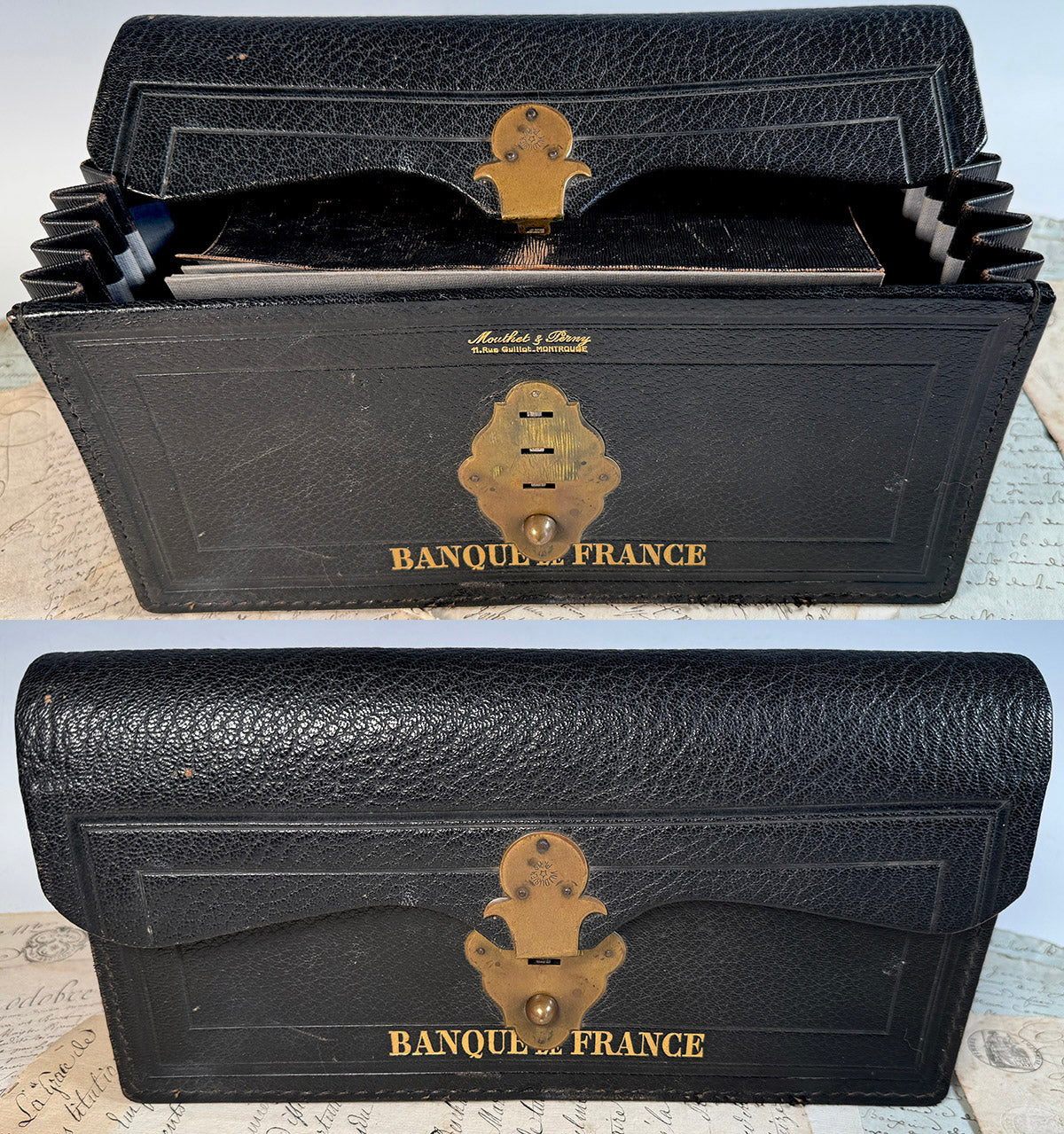 Fine Antique French Leather Bank Folio, Banque de France Accounting and Receipts Briefcase