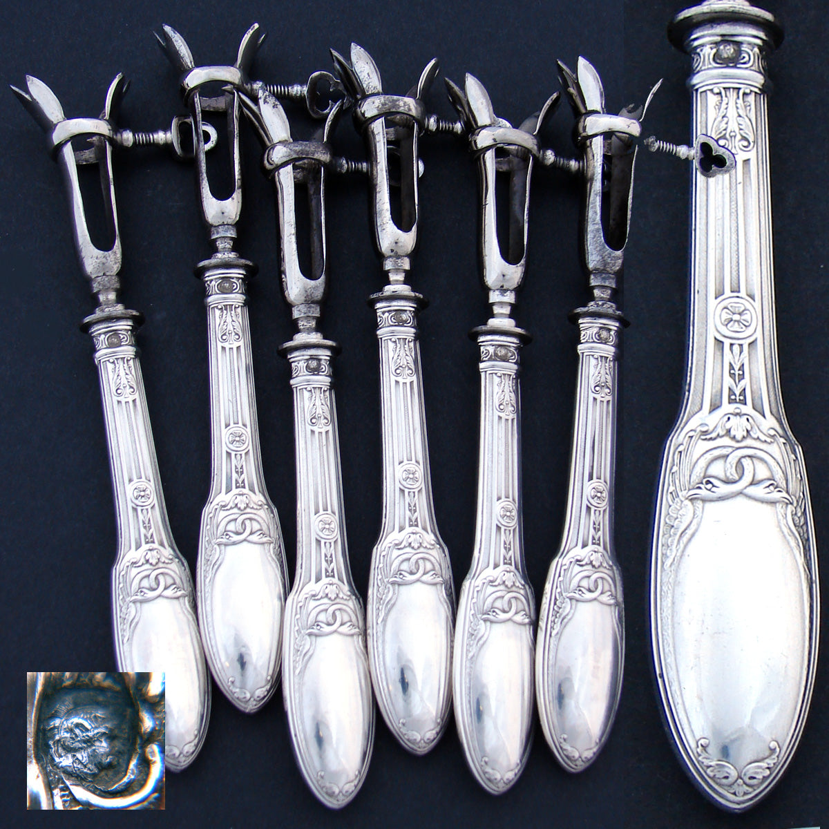 Antique French Sterling Silver 6pc Chop Gigot Set, Côtelettes, Empire Style Figural Swans Pattern