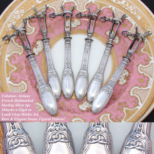 Antique French Sterling Silver 6pc Chop Gigot Set, Côtelettes, Empire Style Figural Swans Pattern