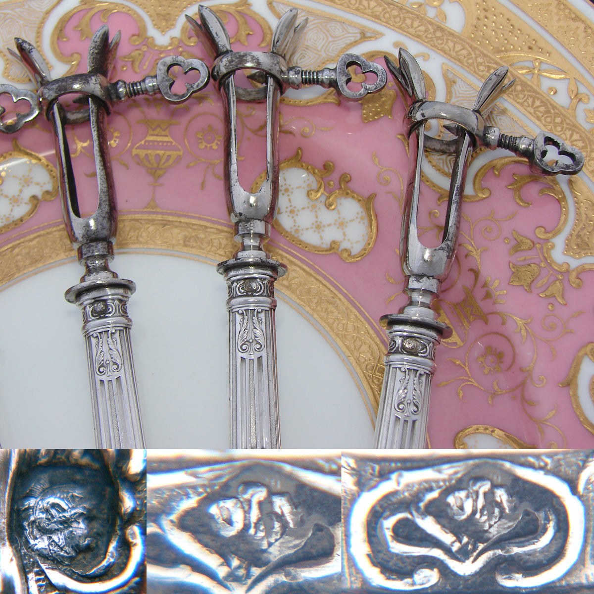 Antique French Sterling Silver 6pc Chop Gigot Set, Côtelettes, Empire Style Figural Swans Pattern