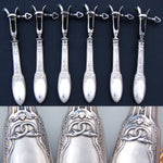 Antique French Sterling Silver 6pc Chop Gigot Set, Côtelettes, Empire Style Figural Swans Pattern