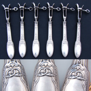 Antique French Sterling Silver 6pc Chop Gigot Set, Côtelettes, Empire Style Figural Swans Pattern