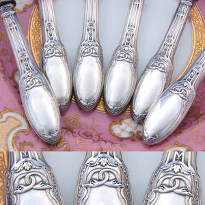 Antique French Sterling Silver 6pc Chop Gigot Set, Côtelettes, Empire Style Figural Swans Pattern