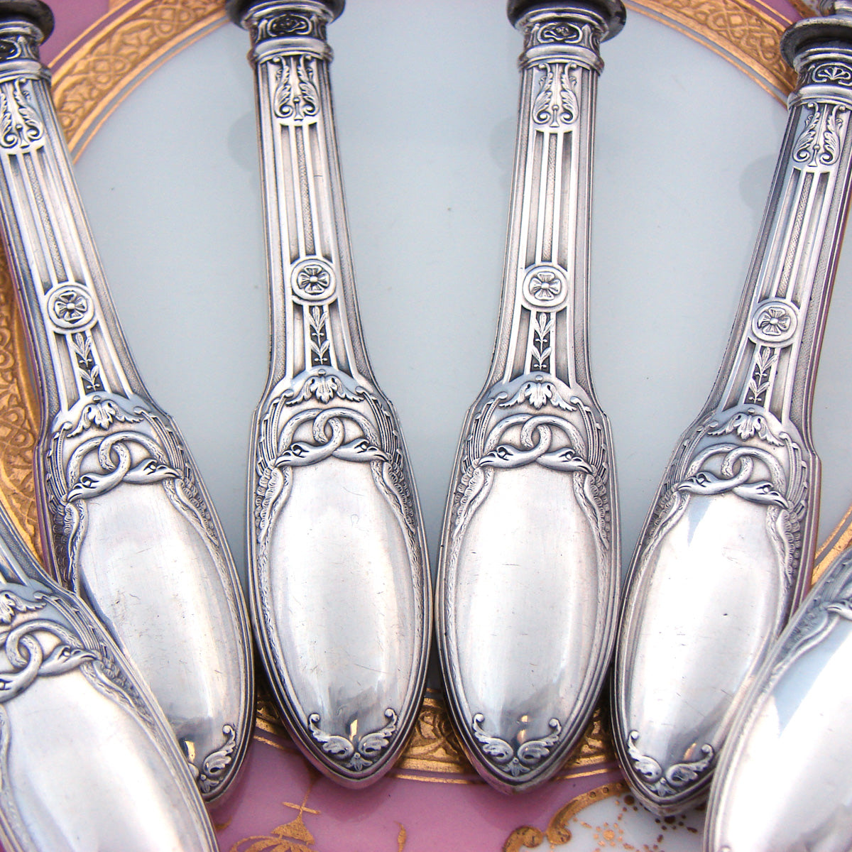 Antique French Sterling Silver 6pc Chop Gigot Set, Côtelettes, Empire Style Figural Swans Pattern