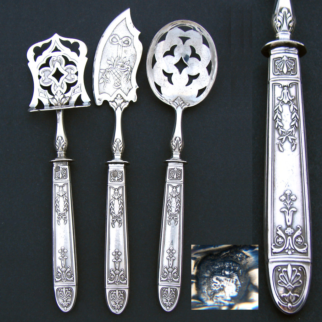 Antique French Hallmarked Sterling Silver 3pc Condiment or Hors d'Oeuvre Serving Set, Empire Style