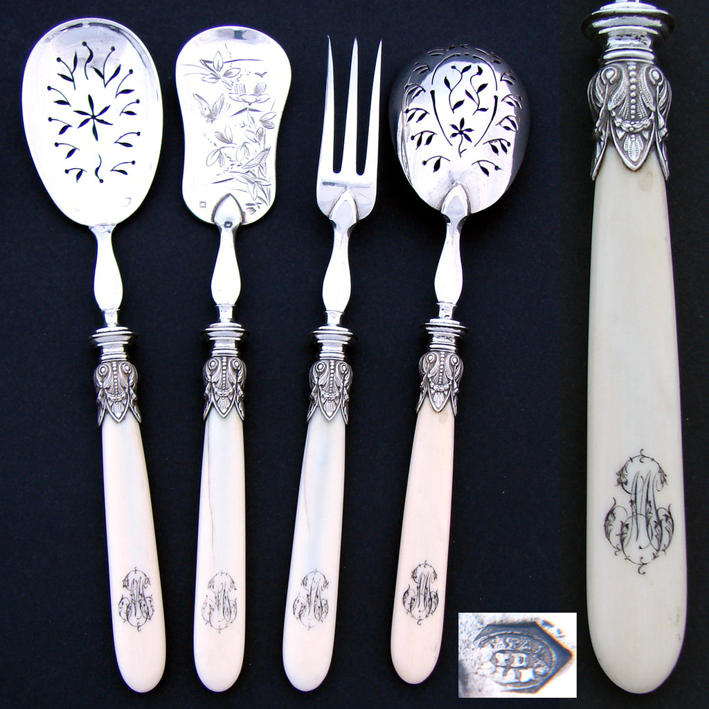 Antique French Hallmarked 4pc Condiment or Hors d'Oeuvre Serving Set, Genuine Ivory Handles