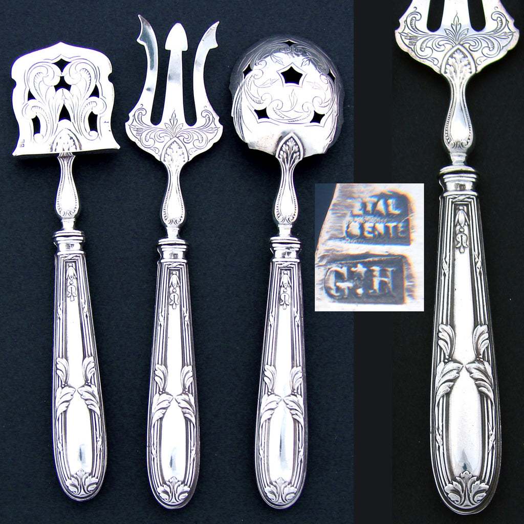 Antique French Hallmarked 3pc Condiment or Hors d'Oeuvre Serving Set, Acanthus Pattern