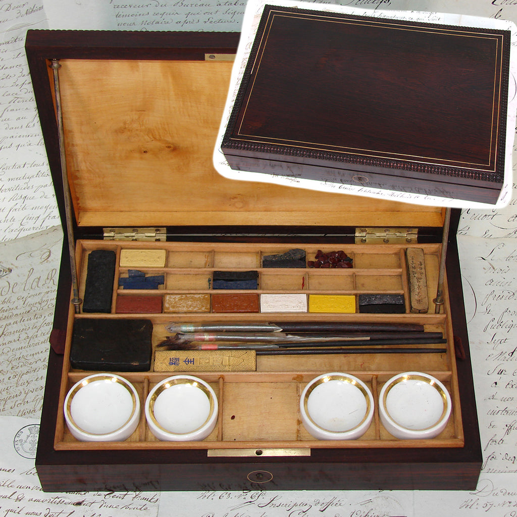 Antique French Watercolor Aquarelle Painting Artist's Set, Elegant Brass Inlaid Rosewood Box