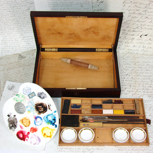 Antique French Watercolor Aquarelle Painting Artist's Set, Elegant Brass Inlaid Rosewood Box