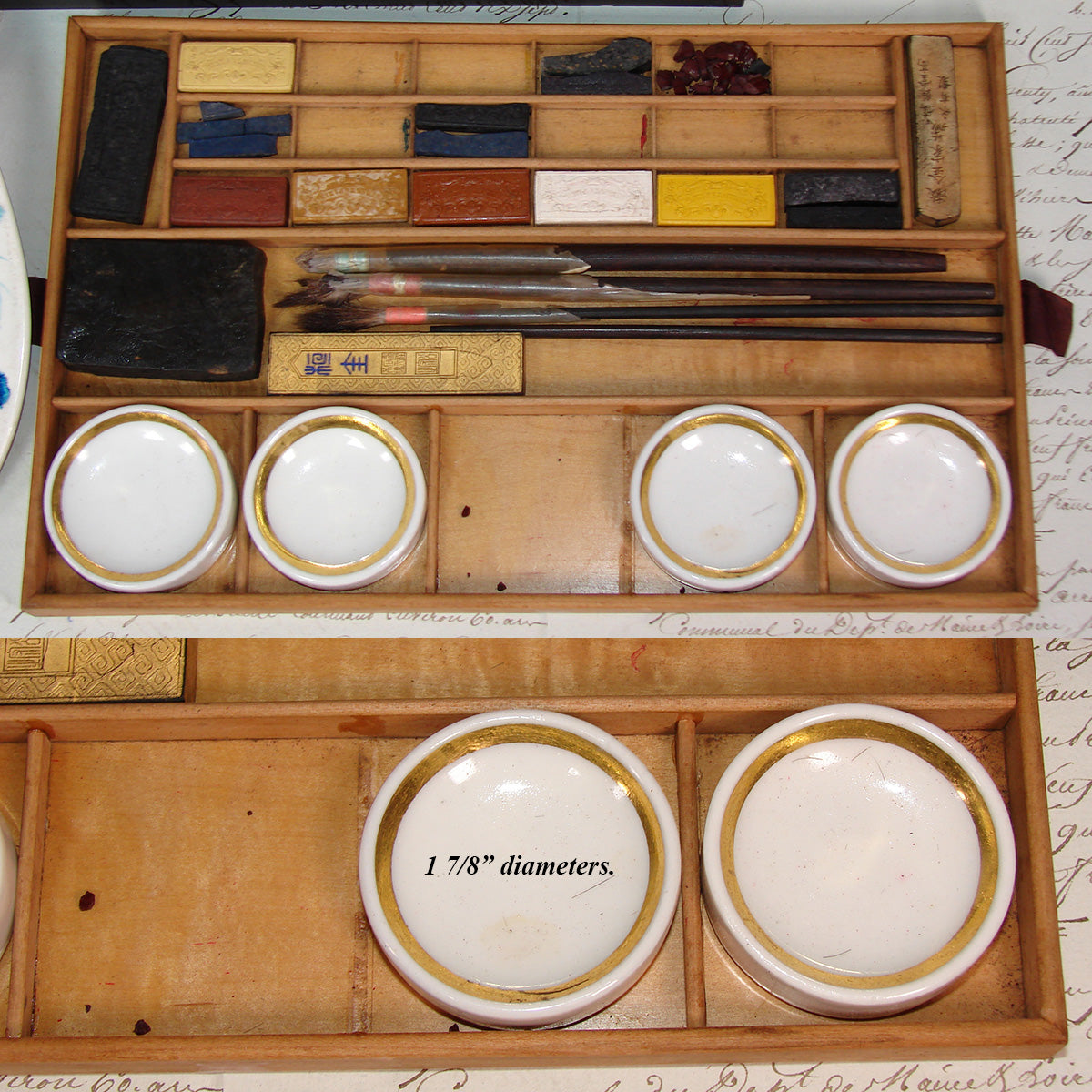 Antique French Watercolor Aquarelle Painting Artist's Set, Elegant Brass Inlaid Rosewood Box