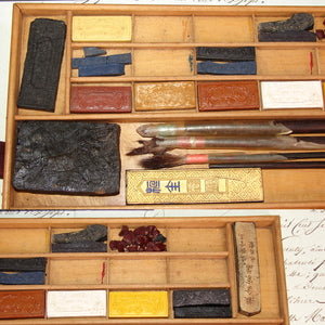 Antique French Watercolor Aquarelle Painting Artist's Set, Elegant Brass Inlaid Rosewood Box