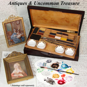 Antique French Watercolor Aquarelle Painting Artist's Set, Elegant Brass Inlaid Rosewood Box