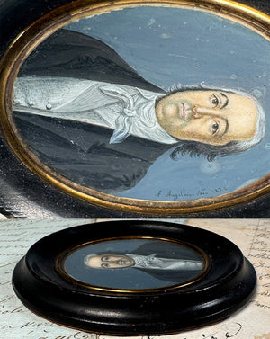 Antique French Portrait Miniature in Frame, Artist Signature, Dated 1824, Gouache onWafer