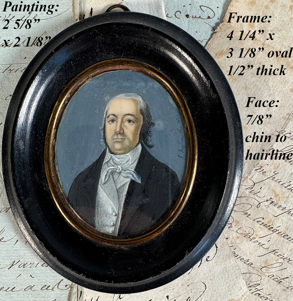 Antique French Portrait Miniature in Frame, Artist Signature, Dated 1824, Gouache onWafer