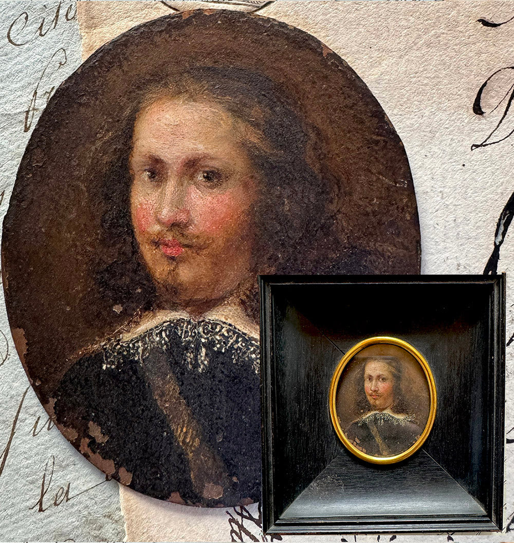 Antique French Portrait Miniature in Oil on Copper Plaque, 17th to 18th Century Gentleman, Van Dyck Beard