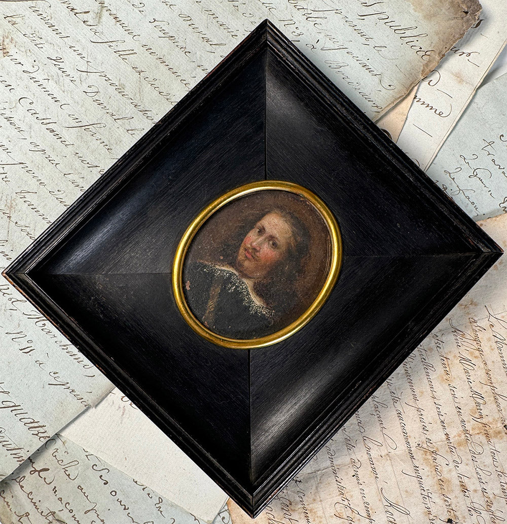 Antique French Portrait Miniature in Oil on Copper Plaque, 17th to 18th Century Gentleman, Van Dyck Beard