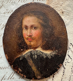 Antique French Portrait Miniature in Oil on Copper Plaque, 17th to 18th Century Gentleman, Van Dyck Beard