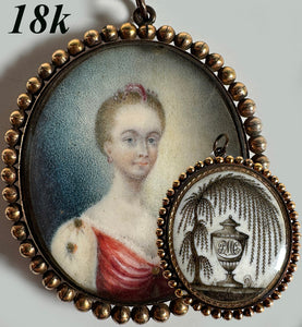 Antique 18th Century Portrait Miniature and Hair Art in Oyster 18k Gold Mount Pendant Locket