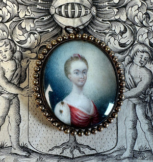 Antique 18th Century Portrait Miniature and Hair Art in Oyster 18k Gold Mount Pendant Locket