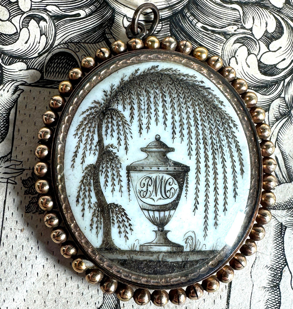 Antique 18th Century Portrait Miniature and Hair Art in Oyster 18k Gold Mount Pendant Locket