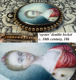 Antique 18th Century Portrait Miniature and Hair Art in Oyster 18k Gold Mount Pendant Locket